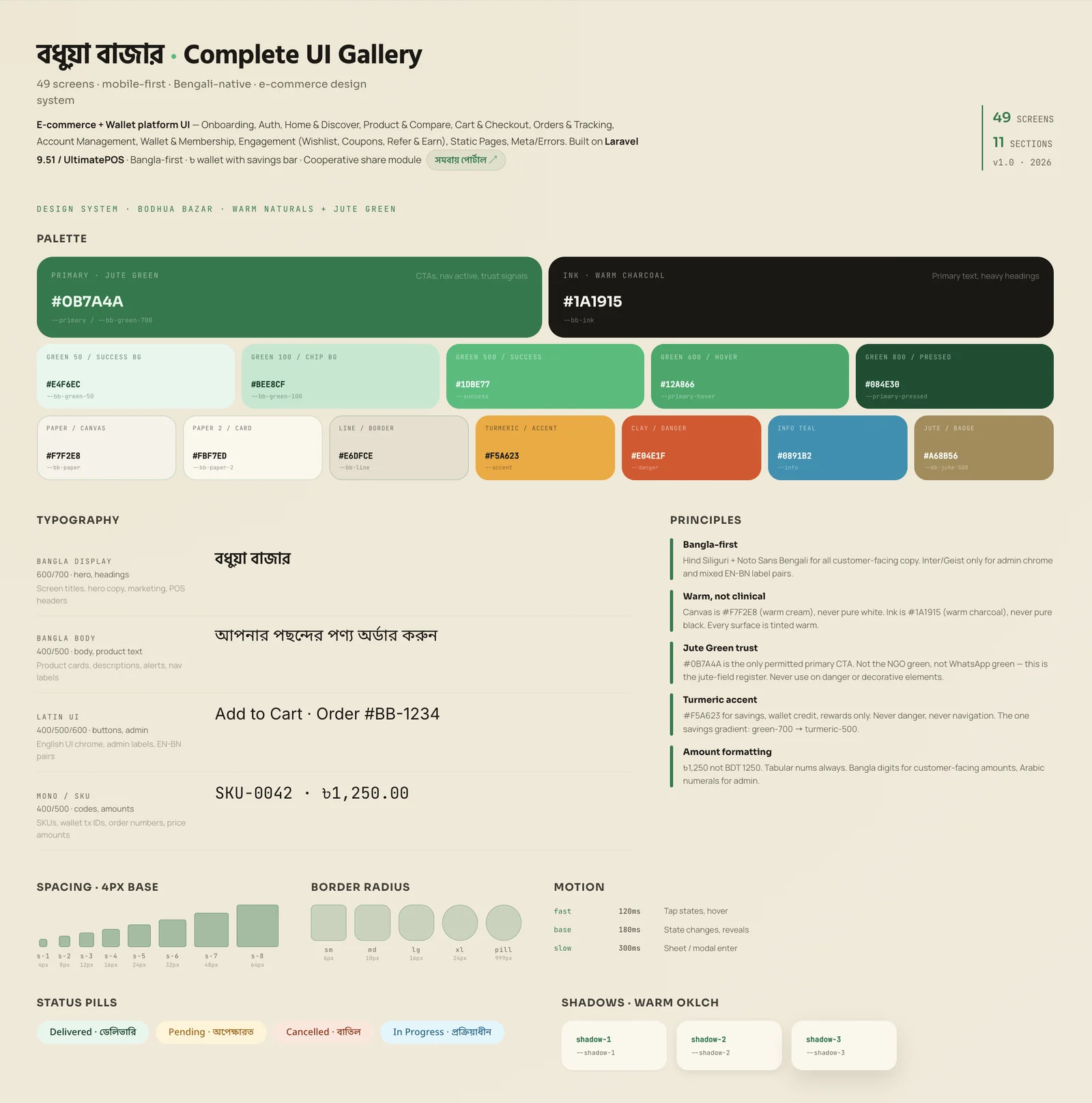 Bodhua Bazar design system: Jute Green palette, Bangla and Latin type scale, spacing and principles