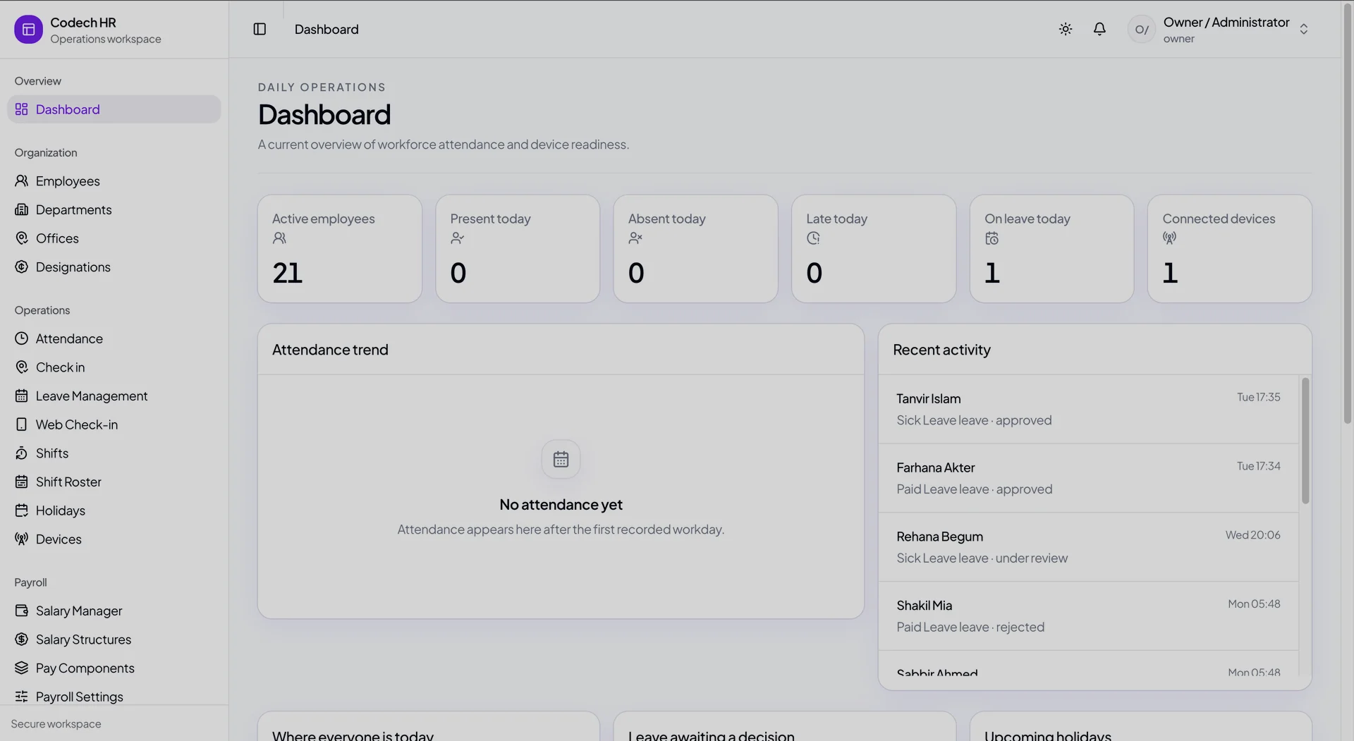 Codech HR dashboard showing headcount, present, absent, late, on-leave and connected-device counts above an empty attendance panel
