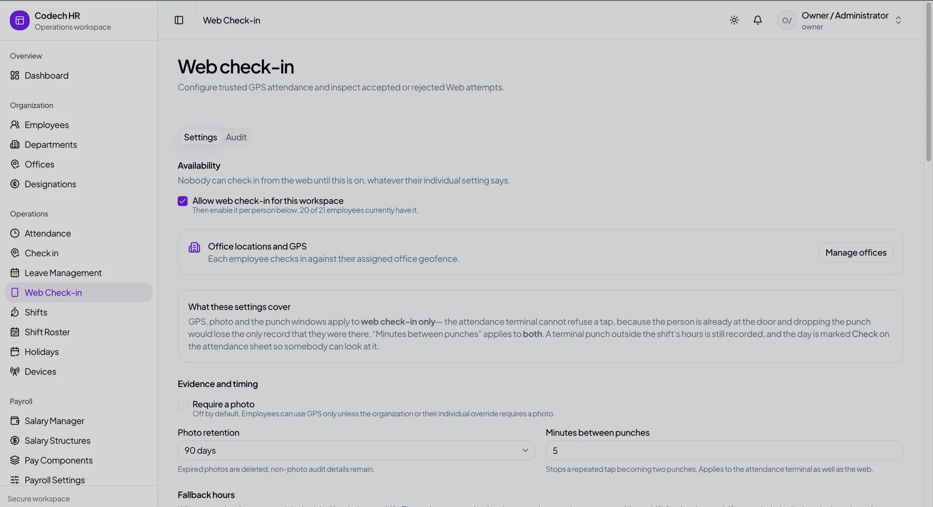 Web check-in settings covering availability, office geofencing, photo requirement, photo retention and minutes between punches